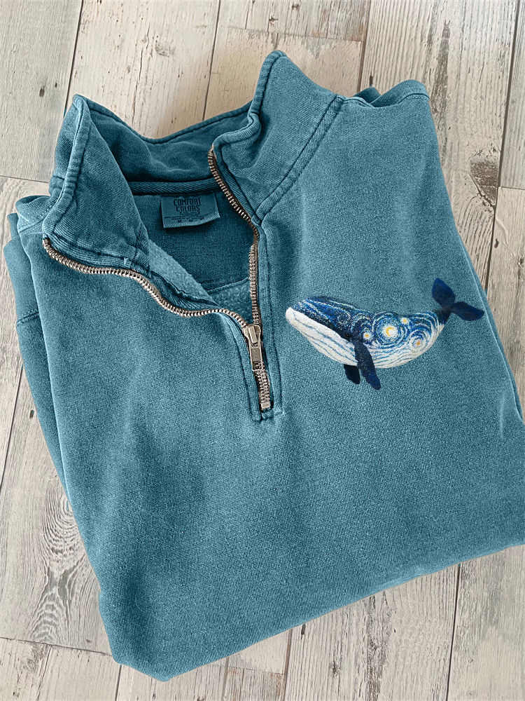 Starry Night Inspired Whale Embroidery Art Zip Up Sweatshirt Blue-3XL